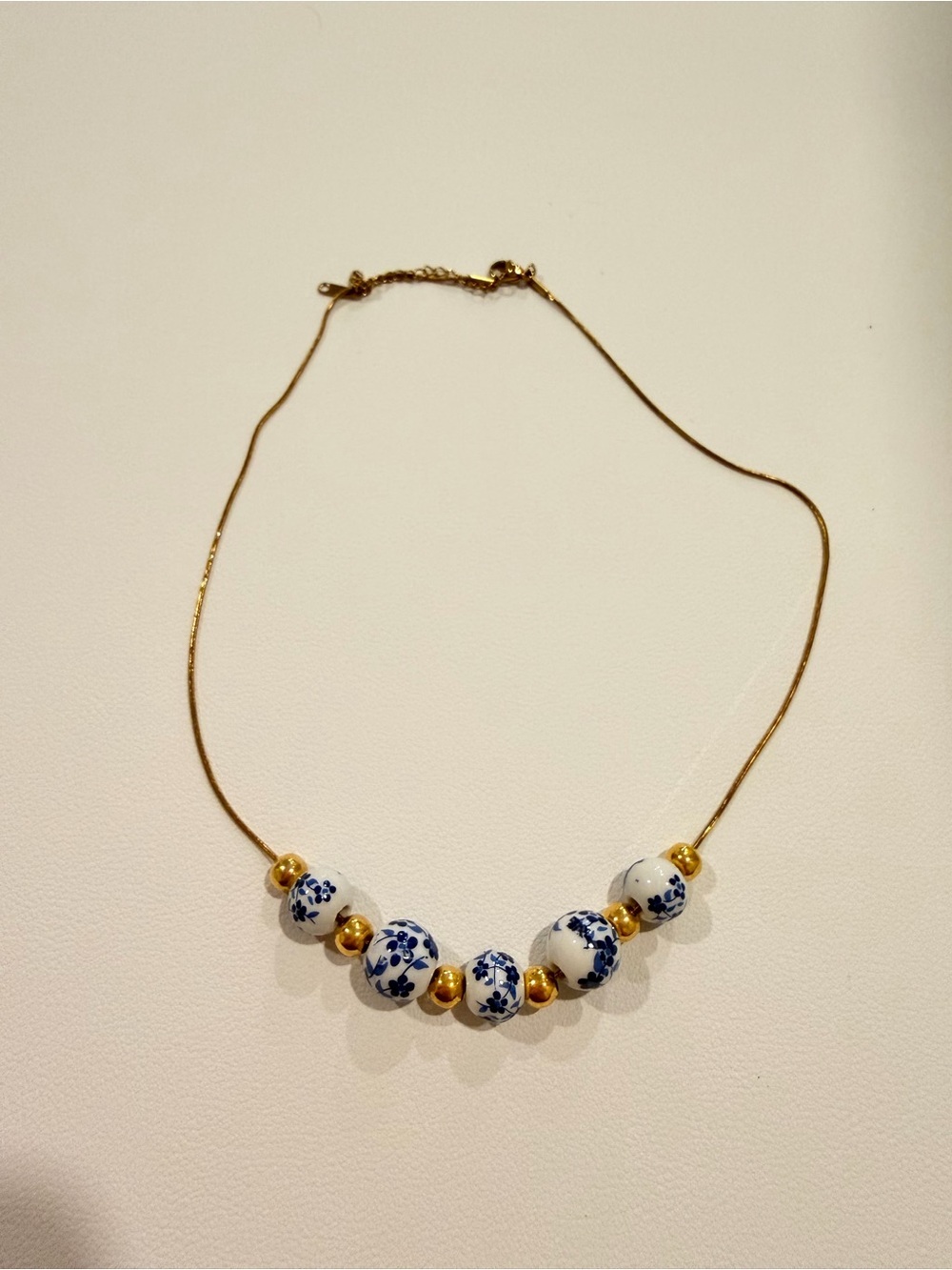 Gold Chain Necklace with Blue and White Floral Beads - Picture 4 of 8
